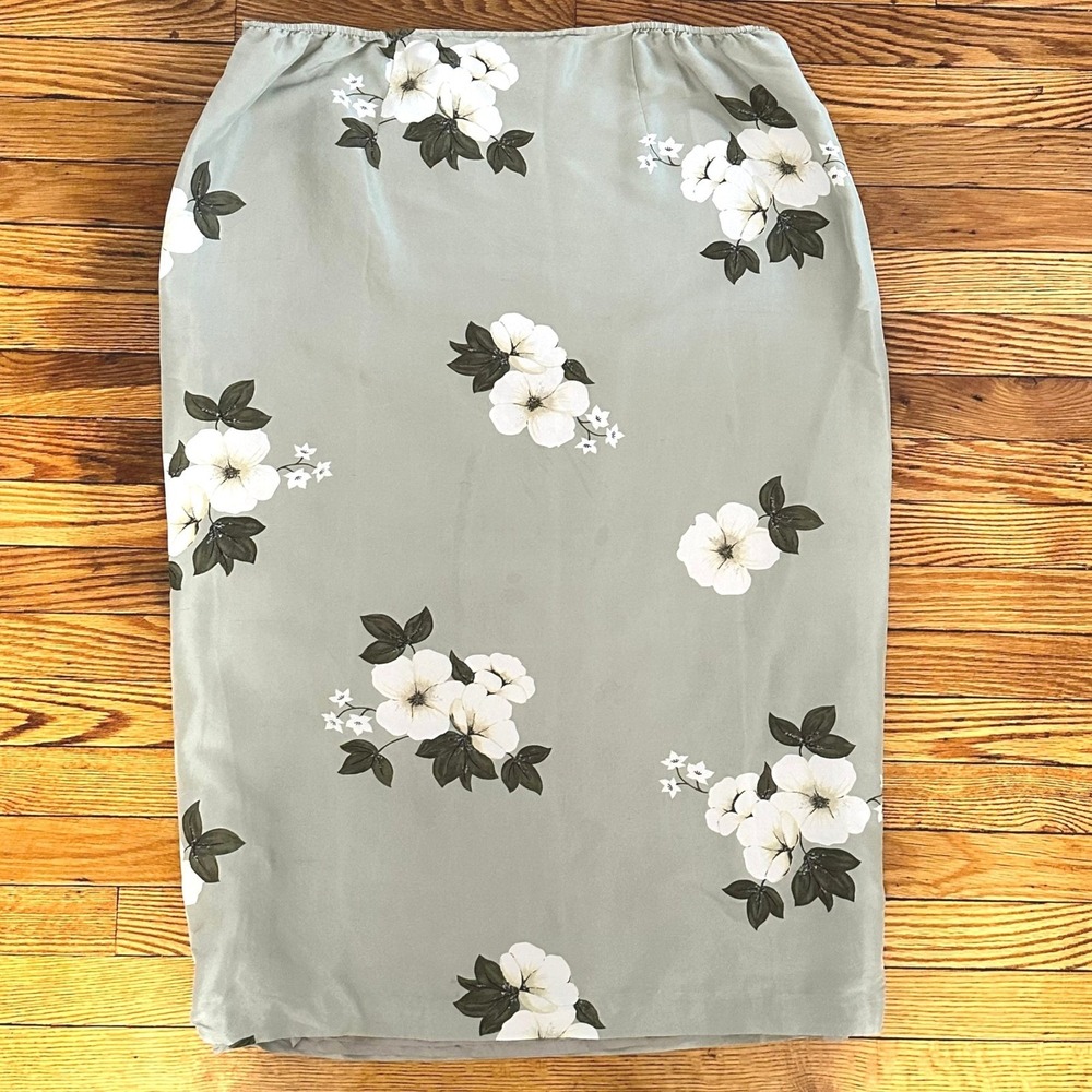 100% Silk Sage Green White Blossoms Floral Pencil Midi‎ Plus Size 20W